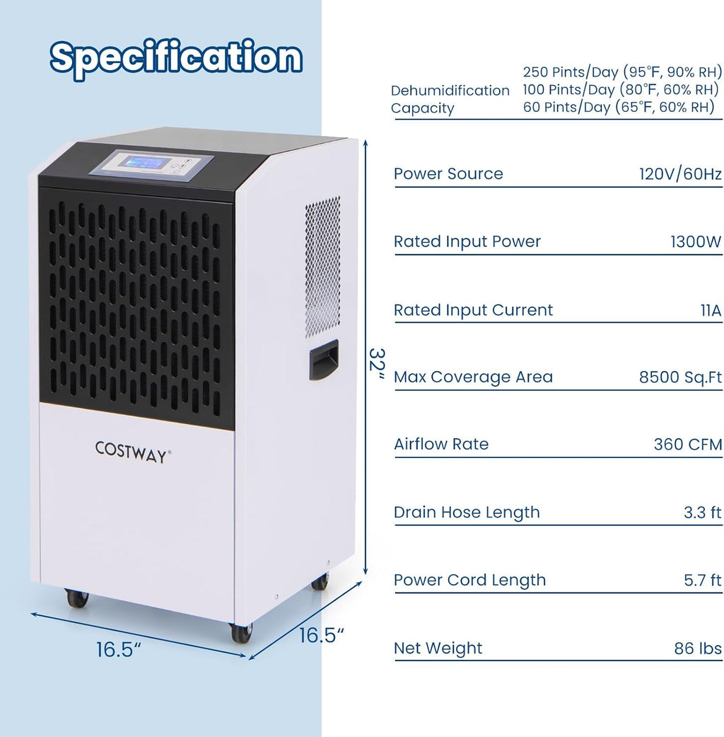 COSTWAY 250 Pints Commercial Dehumidifier with Drain Hose, Industrial Heavy Duty Dehumidifier, 24H Timer & 4 Wheels for Basement, Warehouse, Water Damage Restoration, Large Spaces up to 8,500 Sq.Ft