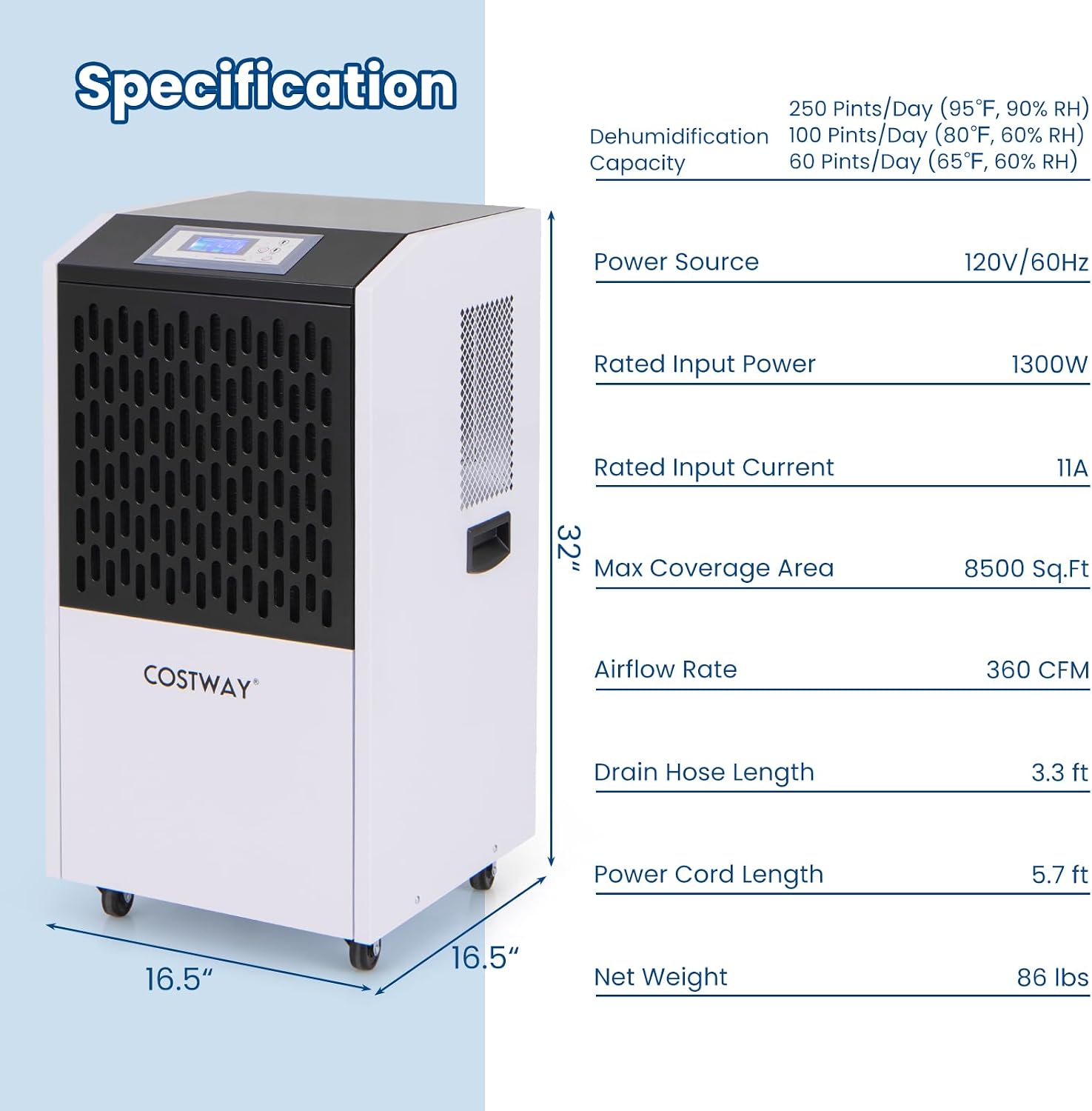 COSTWAY 250 Pints Commercial Dehumidifier with Drain Hose, Industrial Heavy Duty Dehumidifier, 24H Timer & 4 Wheels for Basement, Warehouse, Water Damage Restoration, Large Spaces up to 8,500 Sq.Ft