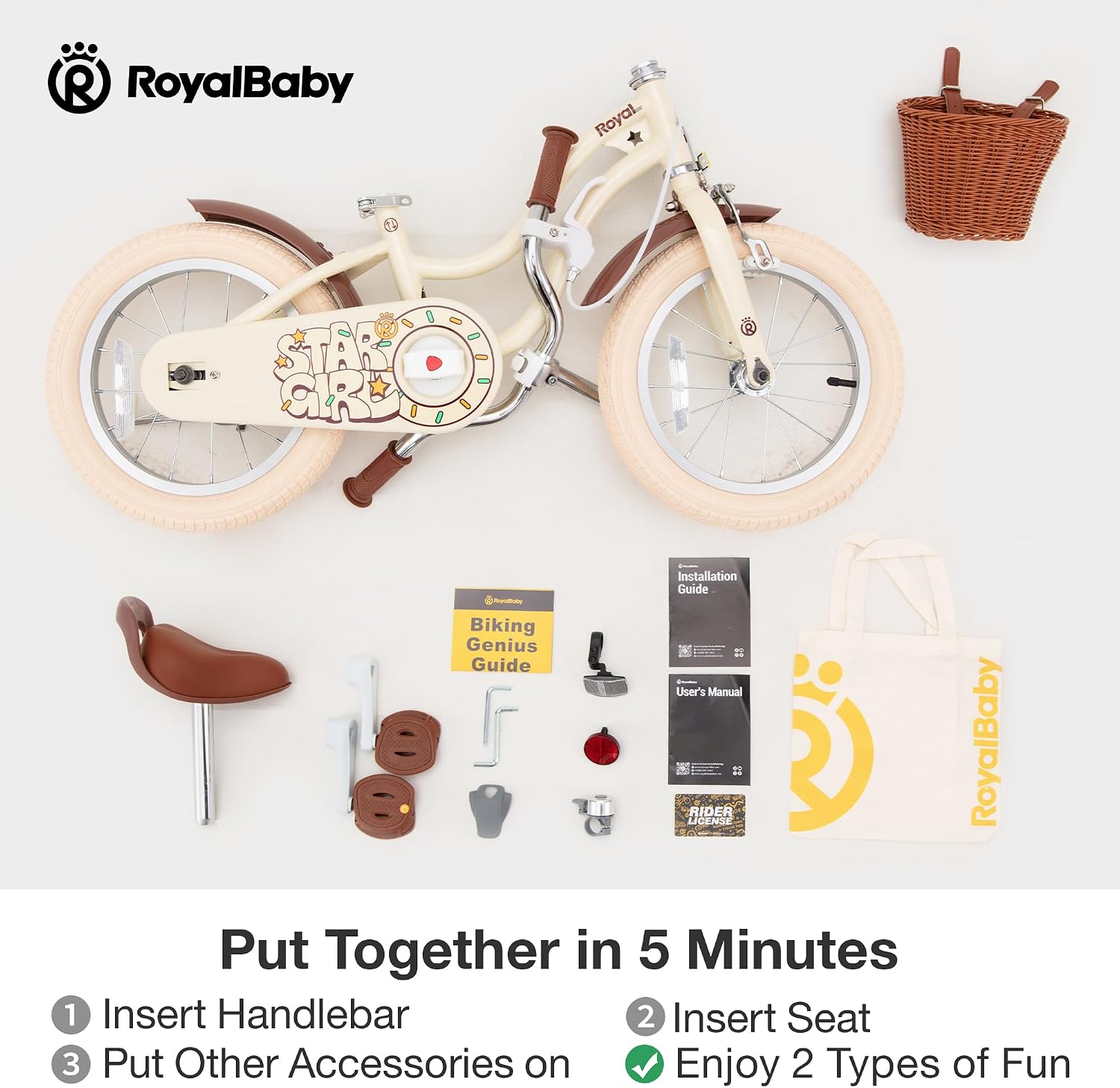 RoyalBaby Girls Bike, Stargirl EZ Kids Bike Balance and Pedal Bicycle with Basket and Dual Handbrake, 12 14 16 18 Inch Toddlers to Big Kids 3-8 Years, Multiple Colors