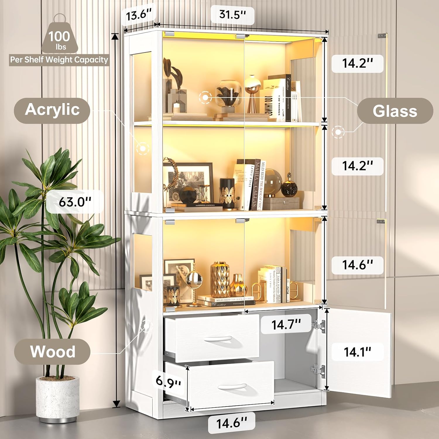 Display Cabinet with Glass Doors, 4-Tier Display Case with 3-Color Lights & Human Body Sensor, Storage Cabinets with 3 Shelves & 2 Drawers for Collectibles/Living/Dining/Game Room, White