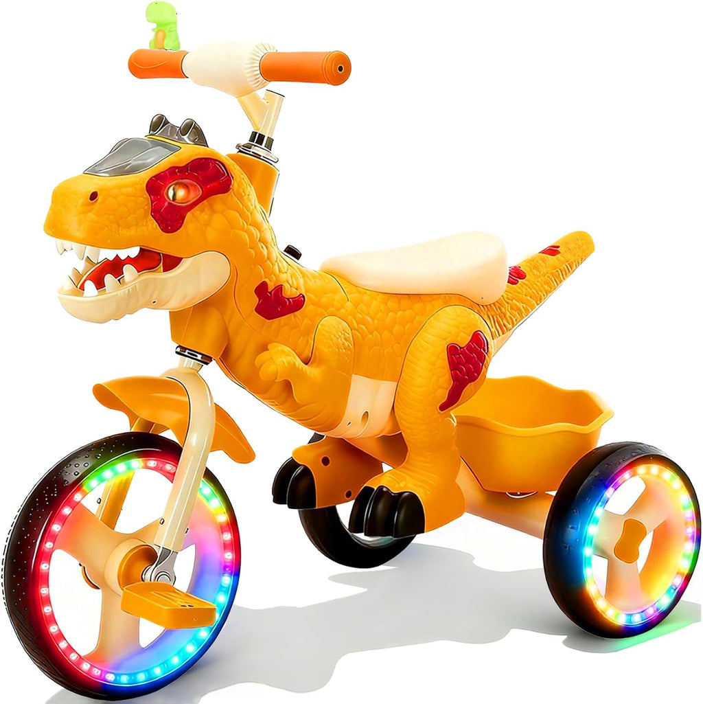 NMM Dinosaur Tricycle for Toddlers, Kids Trike with Music, LED, Tricycles for 3-5 Year Olds, for Rider, Big Wheel, Storage Basket, Horn, Toddler Bike for Boy, Dinosaur Toys for Kids 2-4 4-7