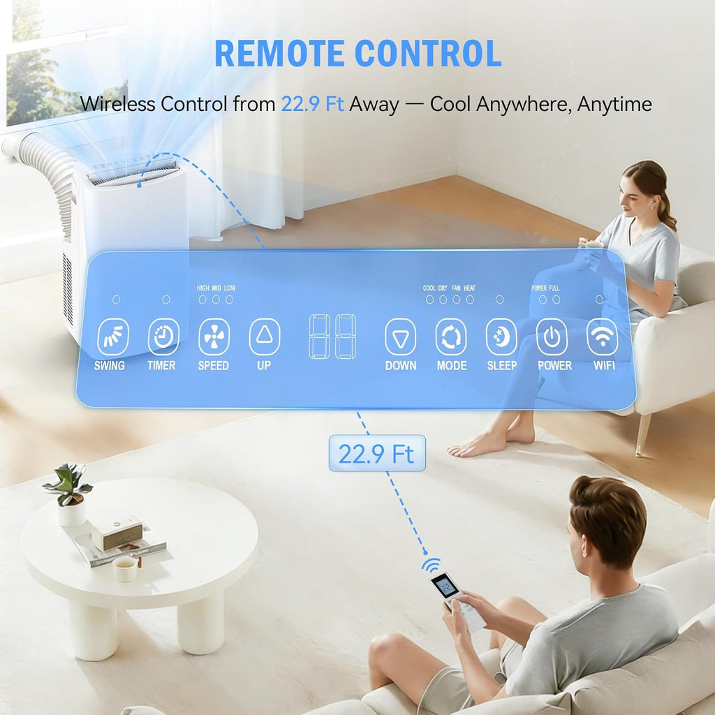 14,000 BTU Portable Air Conditioner & Heater Combo, 4-in-1 AC Unit Cools/Heats/Dehumidifies/Fan, Wi-Fi Smart for Room Up to 700 Sq.Ft, Remote Control, 360° Wheels for Bedroom Large Room