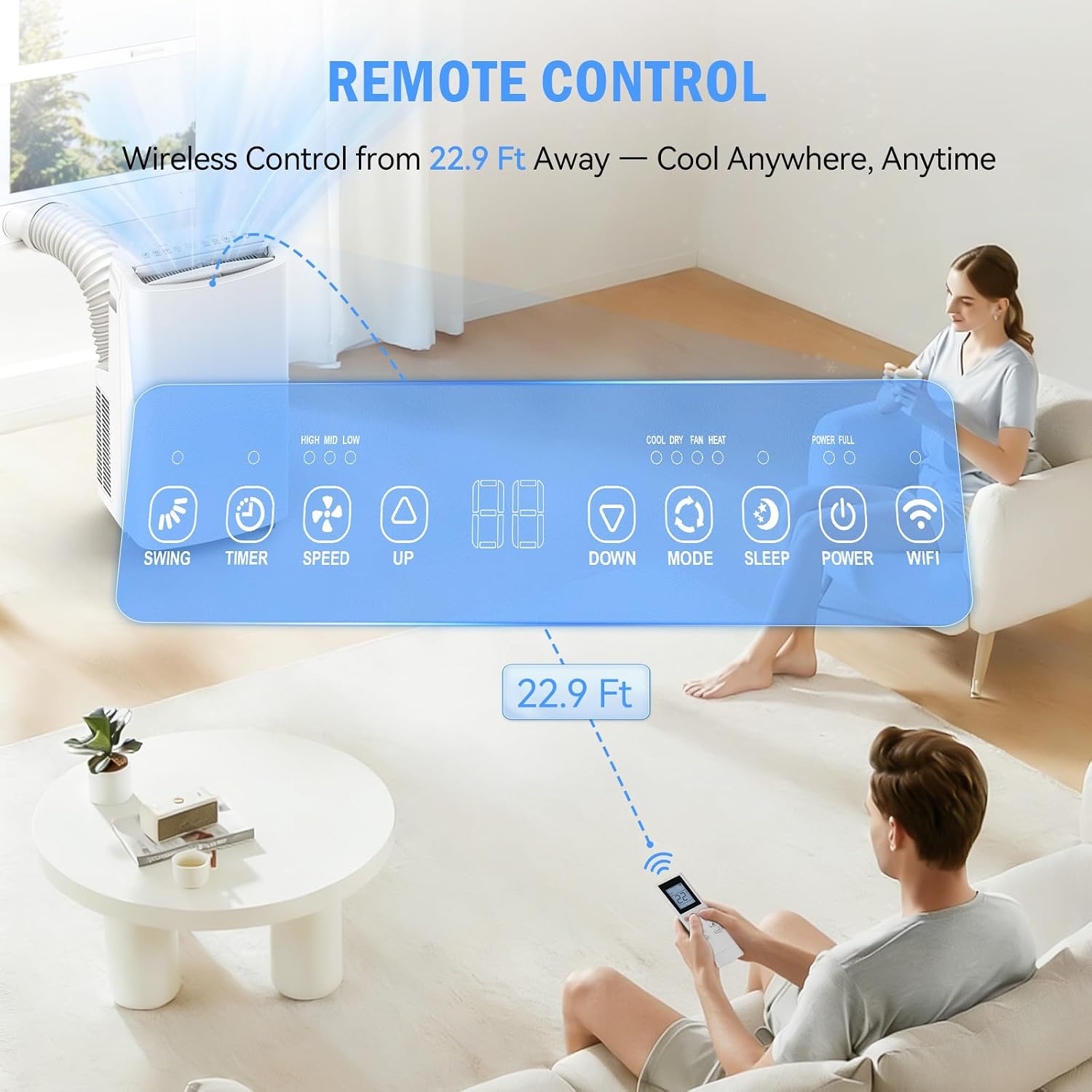 14000 BTU Portable Air Conditioners, Wi-Fi Smart Portable AC Unit, Cools Up to 700 Sq.Ft, 3-in-1 Cool/Dehumidify/Fan with Remote Control, 360° Wheels for Bedroom/Large Room
