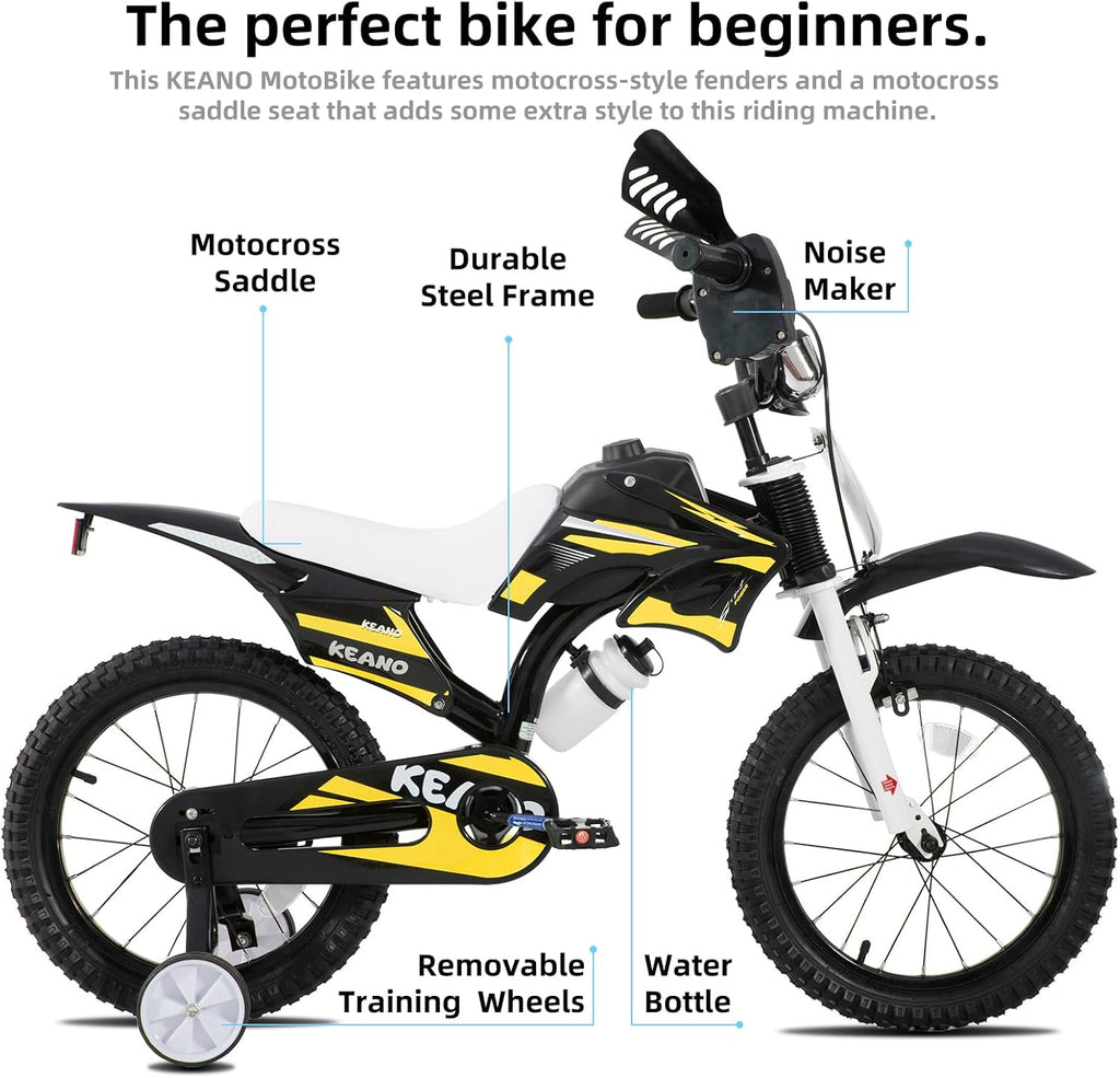 KEANO Motocross Style Kids Bike for Boys Girls Ages 3-7 Years, 12 & 16 Inch Bikes with Training Wheels and Number Plate, Children Bicycles Black