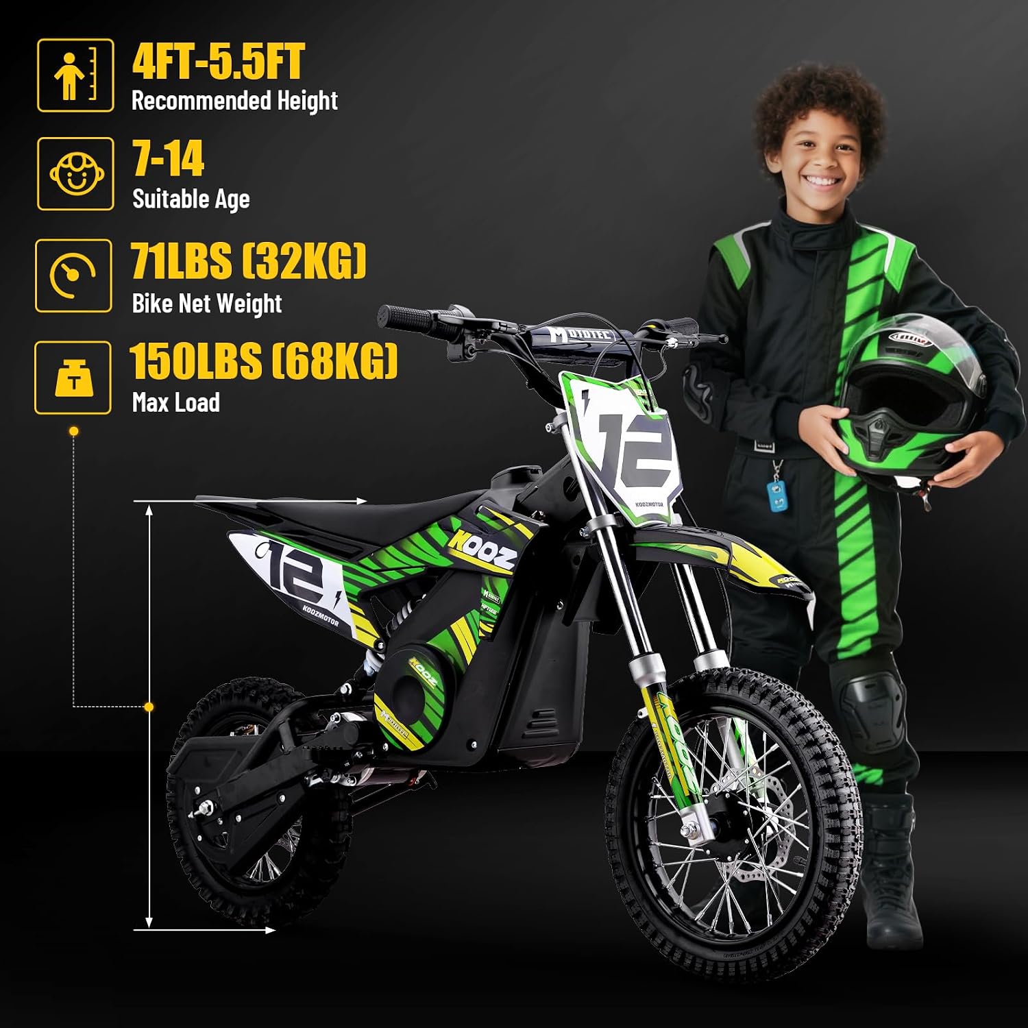KOOZ HP112E PRO 36V 1000W Electric Dirt Bike for Kids, 3 Speed Modes Teen Electric Motorcycle Up to 20.6 MPH& 19 Miles Long-Range, Dual Suspension & Disc Brake, 16' Sturdy Tire
