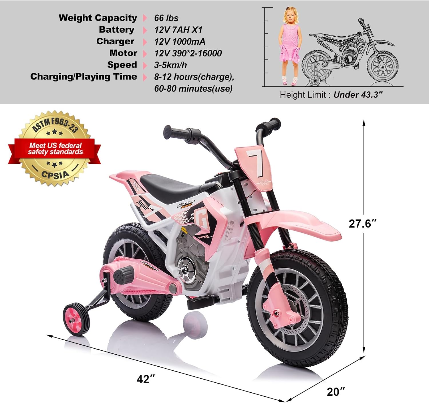 JOYLDIAS Kids Motorcycle Dirt Bike, 12V7AH Battery-Powered Ride On Motorcycle for Kids, Off-Road Street Bike w/Music, Training Wheels, Spring Suspension, High/Low Speeds, Pink