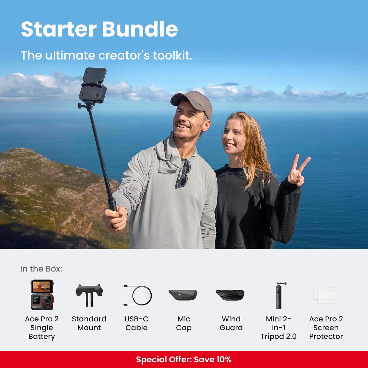 Insta360 Ace Pro 2 Starter Bundle - 8K Waterproof Action Camera Co-Engineered with Leica, 1/1.3' Sensor, Dual AI Chips, Superior Low-Light, 2.5' Flip Screen for Vlogging, Travel & Sports