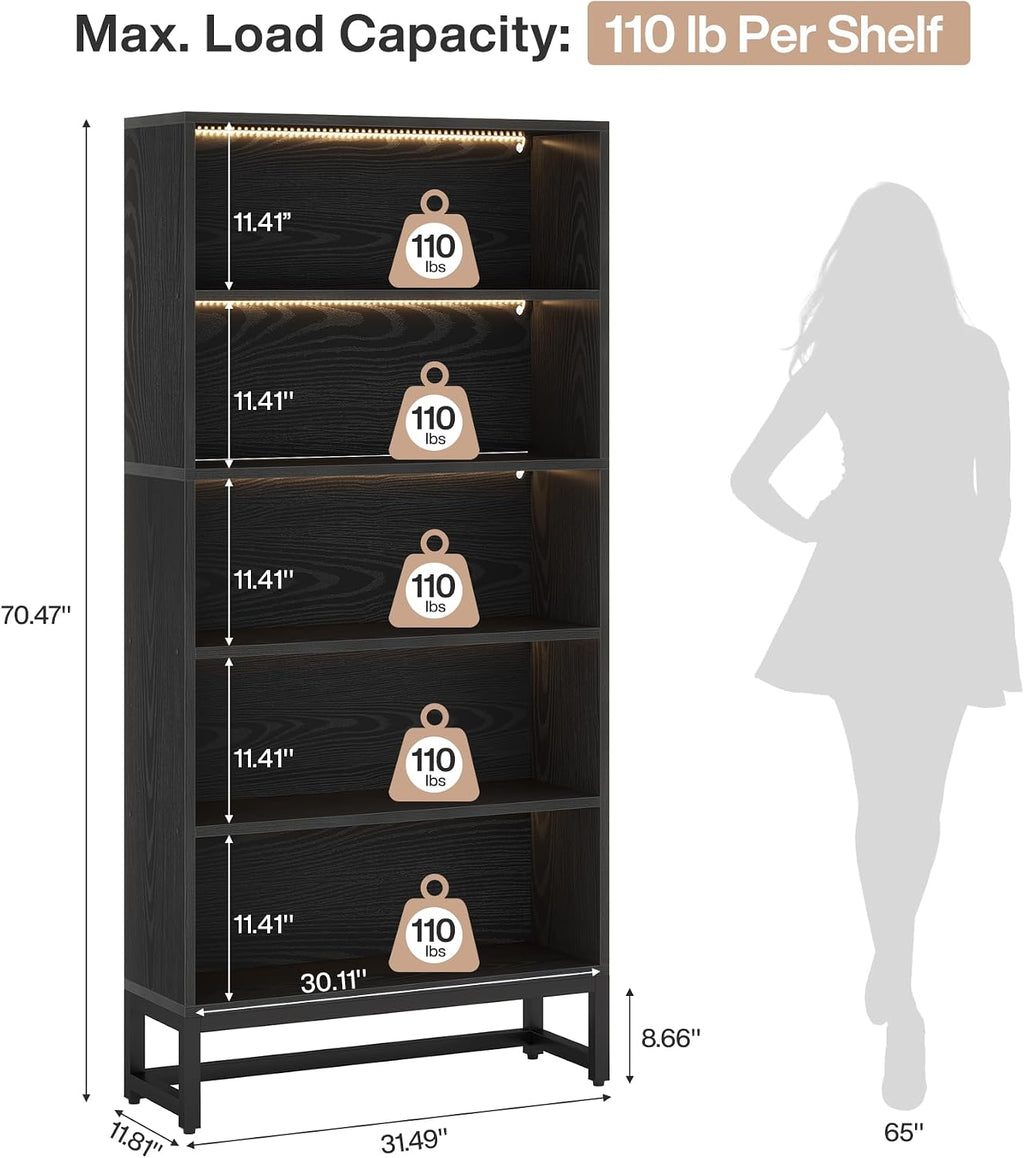 Tribesigns Tall Bookcase Black Bookshelf, 70.8' Large Bookcases Organizer with LED Lights, Heavy Duty Free-Standing Library Bookshelf with 5-Tier Storage Shelves for Living Room, Bedroom (Black)