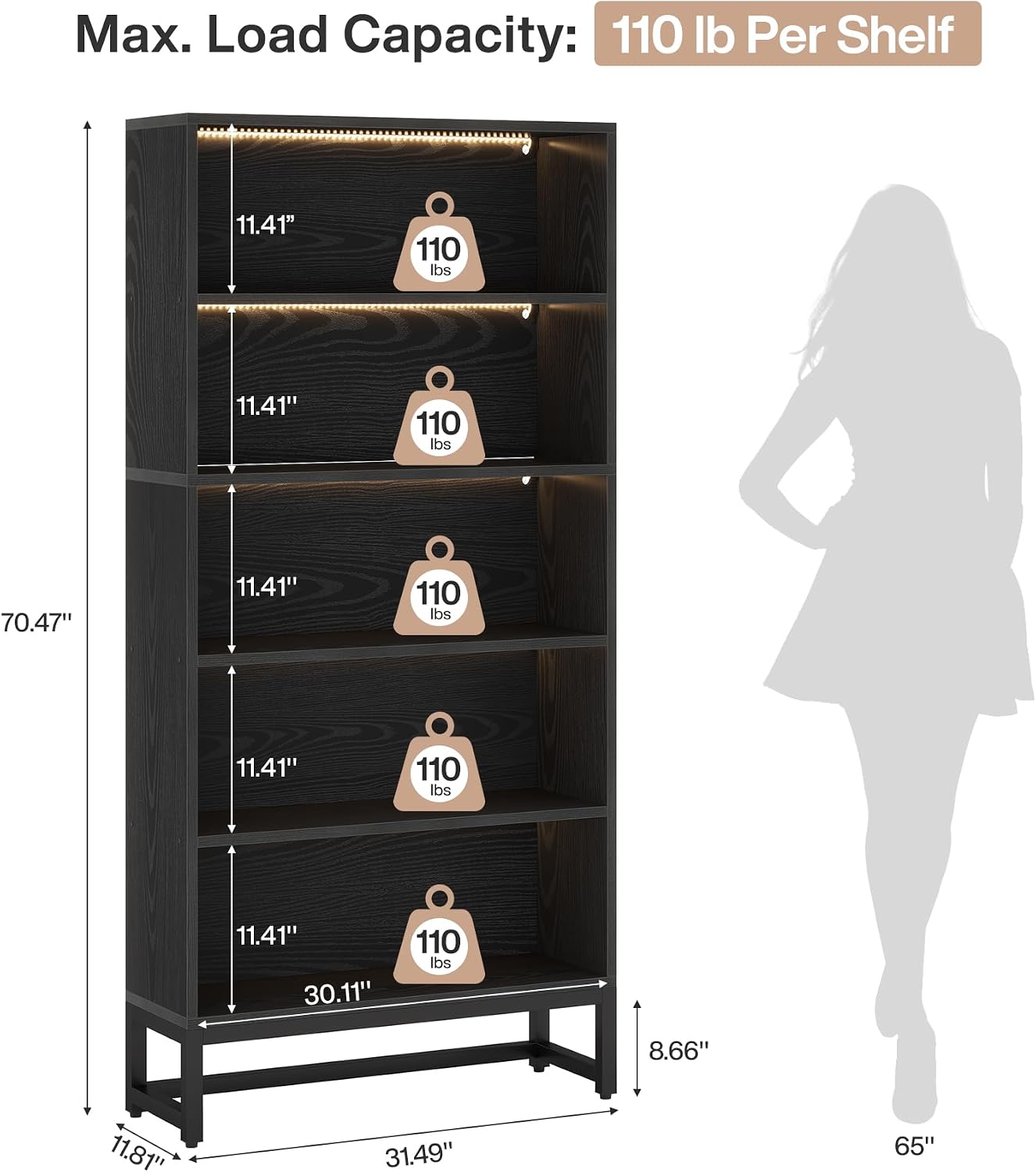 Tribesigns Tall Bookcase Black Bookshelf, 70.8' Large Bookcases Organizer with LED Lights, Heavy Duty Free-Standing Library Bookshelf with 5-Tier Storage Shelves for Living Room, Bedroom (Black)
