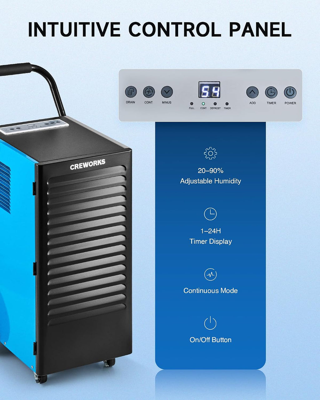 CREWORKS 180 PPD Commercial Dehumidifier, 180 Pint Dehumidifier for Basement with Wheels Drain Hose, Portable Professional Basement Dehumidification with Auto Defrost Display Panel