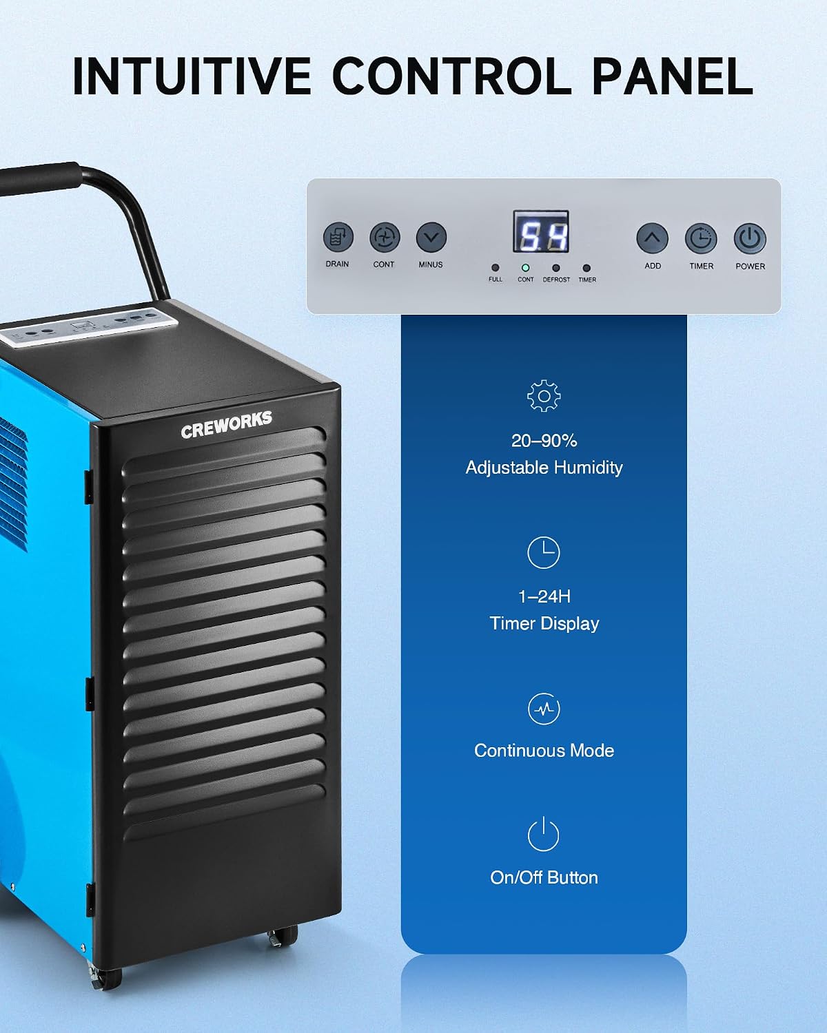 CREWORKS 180 PPD Commercial Dehumidifier, 180 Pint Dehumidifier for Basement with Wheels Drain Hose, Portable Professional Basement Dehumidification with Auto Defrost Display Panel