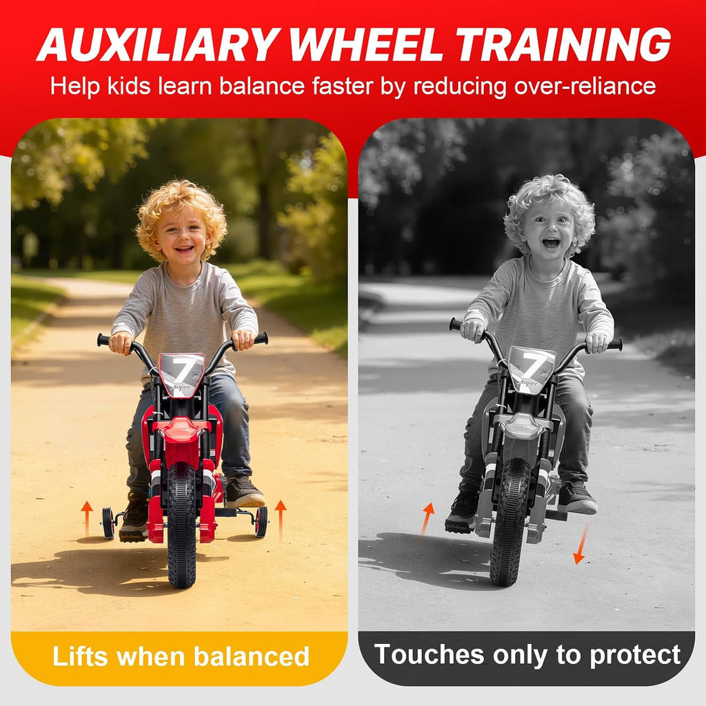 12V Kids Motorcycle w/Treaded Tires, 3.1mph Top Speed Electric Bike for Kids, Training Wheels, Music & Bluetooth, Spring Suspension, Age 3-8 Year Old, Red