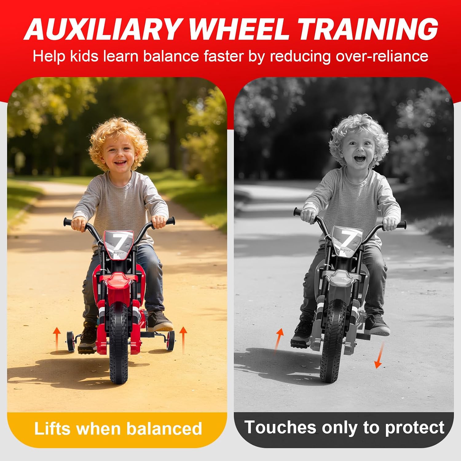 12V Kids Motorcycle w/Treaded Tires, 3.1mph Top Speed Electric Bike for Kids, Training Wheels, Music & Bluetooth, Spring Suspension, Age 3-8 Year Old, Red