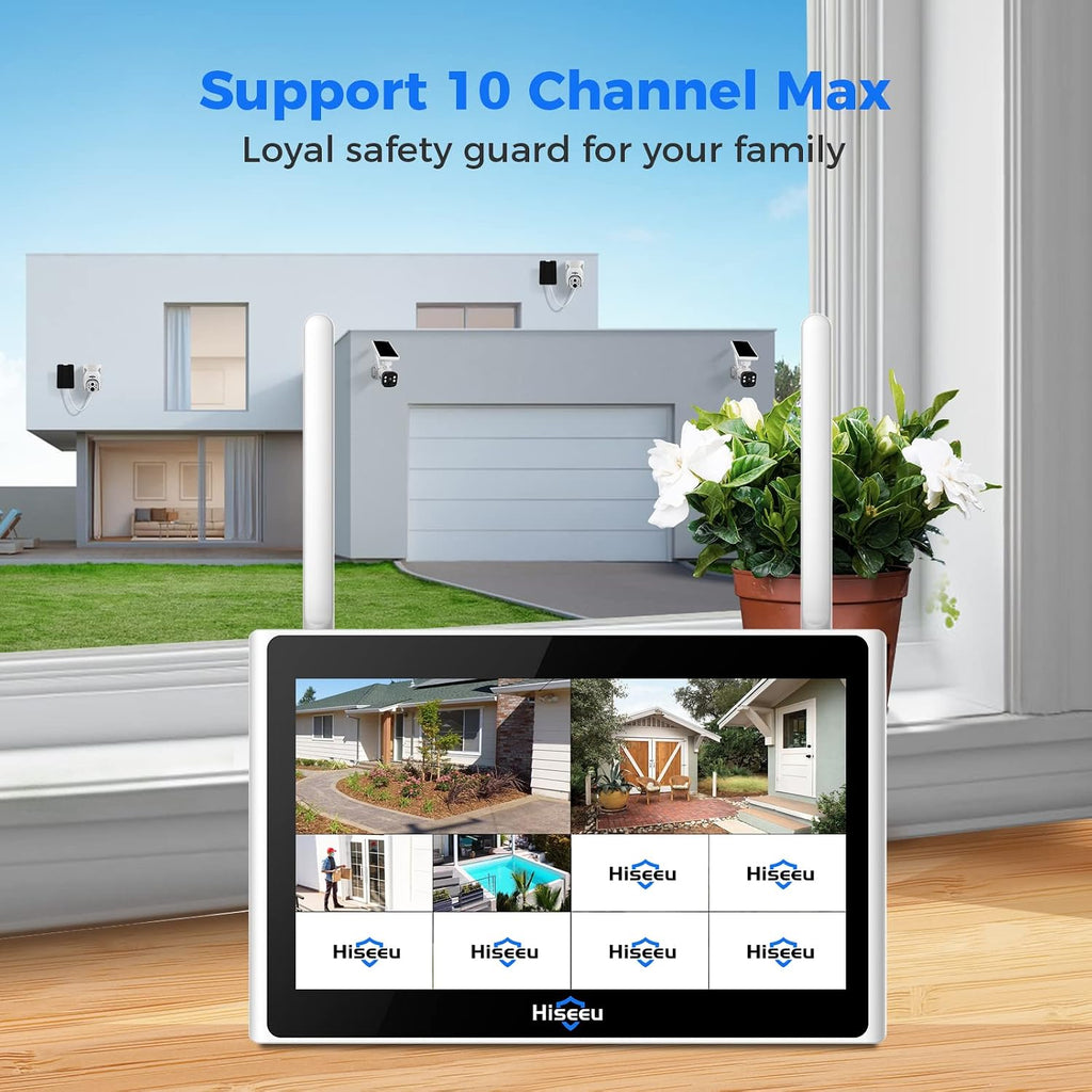 Hiseeu [1TB HDD,4MP Spotlight] Solar Home Security Camera System,PTZ Dome + Bullet Solar Security Cameras Wireless Outdoor,10CH 10 Inch LCD 4K NVR,Smart Human Detection,2-Way Audio,Motion Record