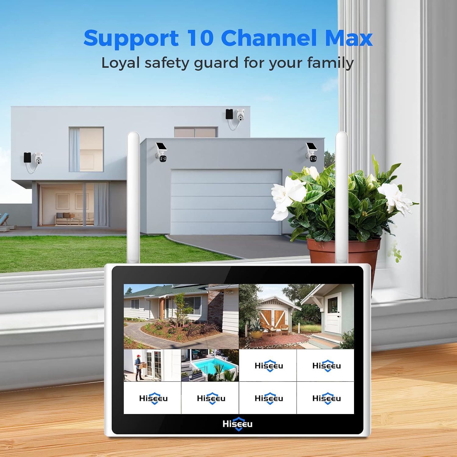Hiseeu [1TB HDD,4MP Spotlight] Solar Home Security Camera System,PTZ Dome + Bullet Solar Security Cameras Wireless Outdoor,10CH 10 Inch LCD 4K NVR,Smart Human Detection,2-Way Audio,Motion Record
