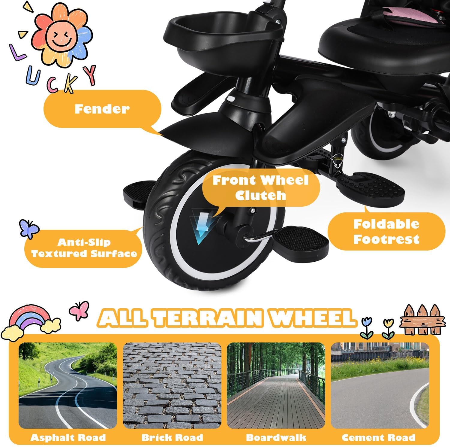 TODEFULL Folding Kids Tricycle, 8 in 1 Toddler Trike W/Removable & Adjustable Canopy, Parent Handle, 5-Piont Harness, Toddler Bike Tricycle for Kids 1-6 Years, EVA Wheels, Storage Basket, Pink