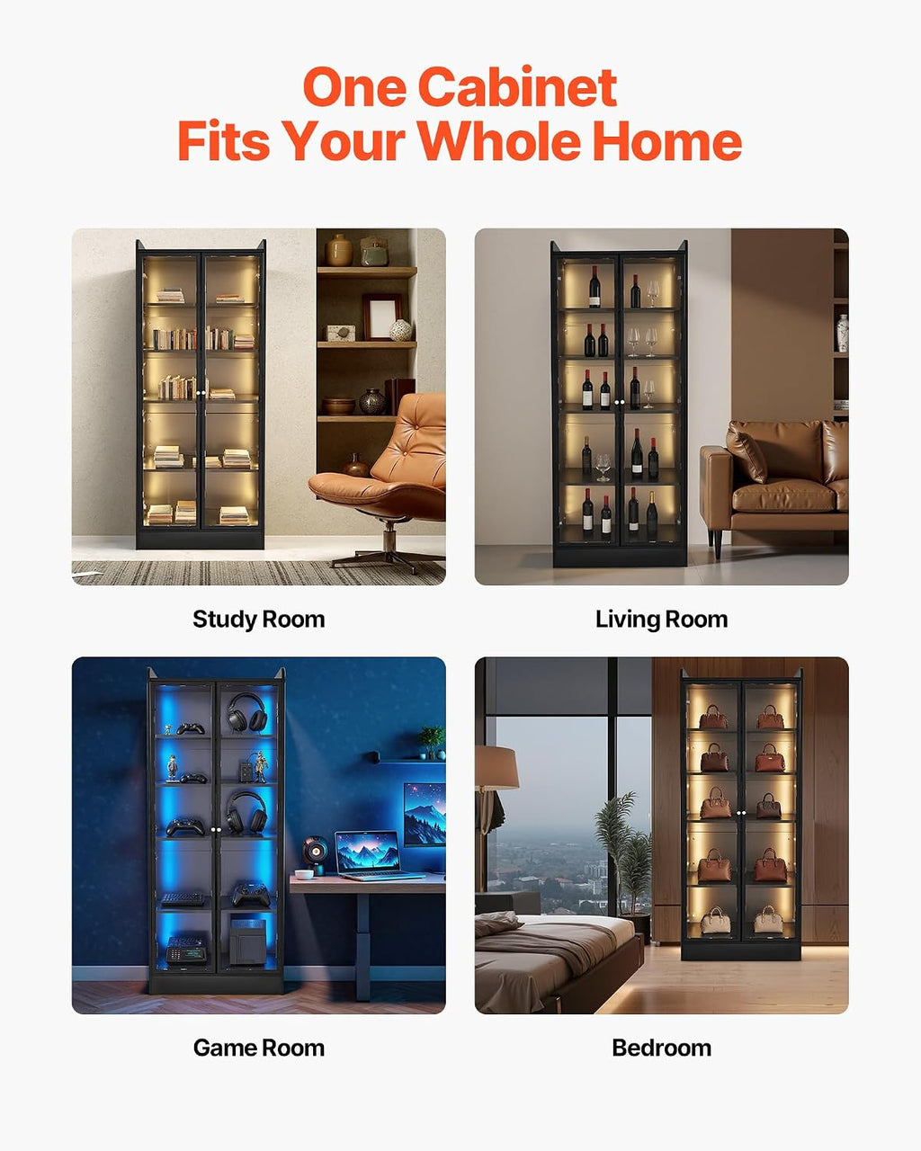 VEVOR Display Cabinet with Doors, 67in Tall Display Case with 2 Adjustable Shelves, 3 LED Lights, 5-Tier Curio Collectibles Storage Cabinet, Bookshelf Bookcase for Pantry Bedroom Living Room Office