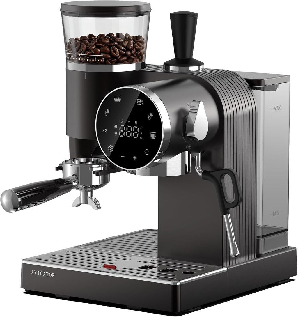 20 Bar Espresso Machine | LED Screen Touch Control | 6 Level Adjustable Grinder | Drip Coffee & Cold Brew, Milk Frother, Assisted Tamper & Built-In Accessory Storage Box | 50oz Tank