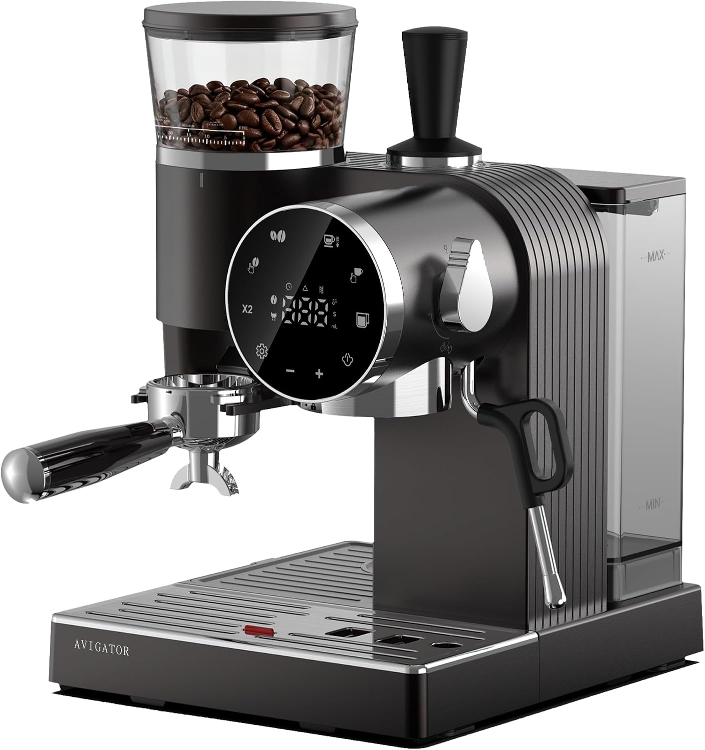 20 Bar Espresso Machine | LED Screen Touch Control | 6 Level Adjustable Grinder | Drip Coffee & Cold Brew, Milk Frother, Assisted Tamper & Built-In Accessory Storage Box | 50oz Tank