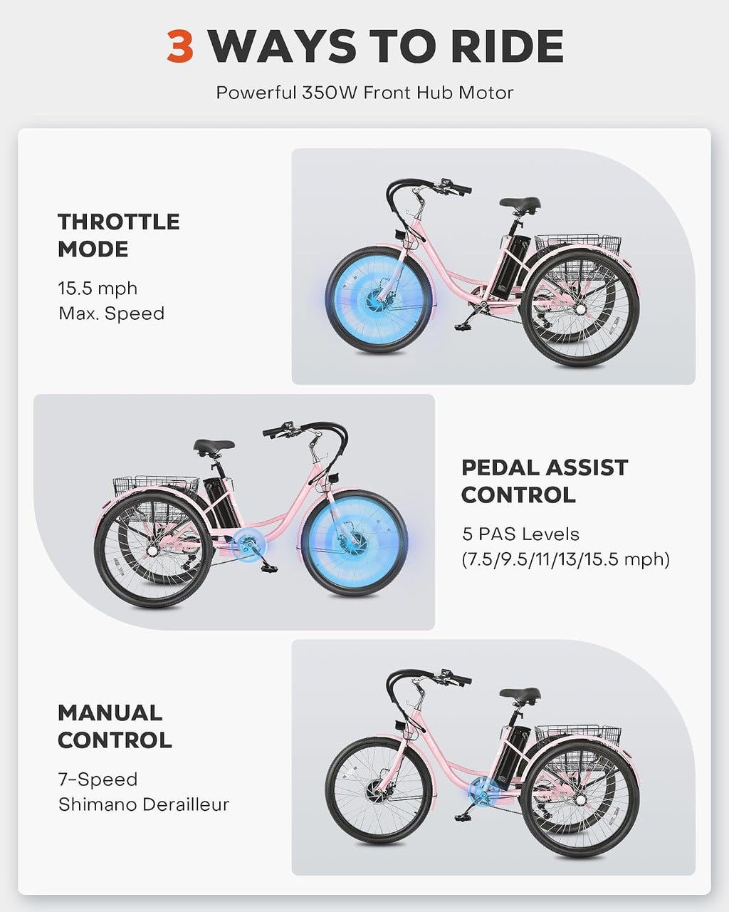 VIRIBUS Electric Tricycle for Adults, 24 26 inch Electric Trike with 468Wh Removable Battery, 250W/350W(Peak 500W) 3 Wheel Electric Bikes for Seniors, Motorized Adult Tricycles Women Men 330 lb.