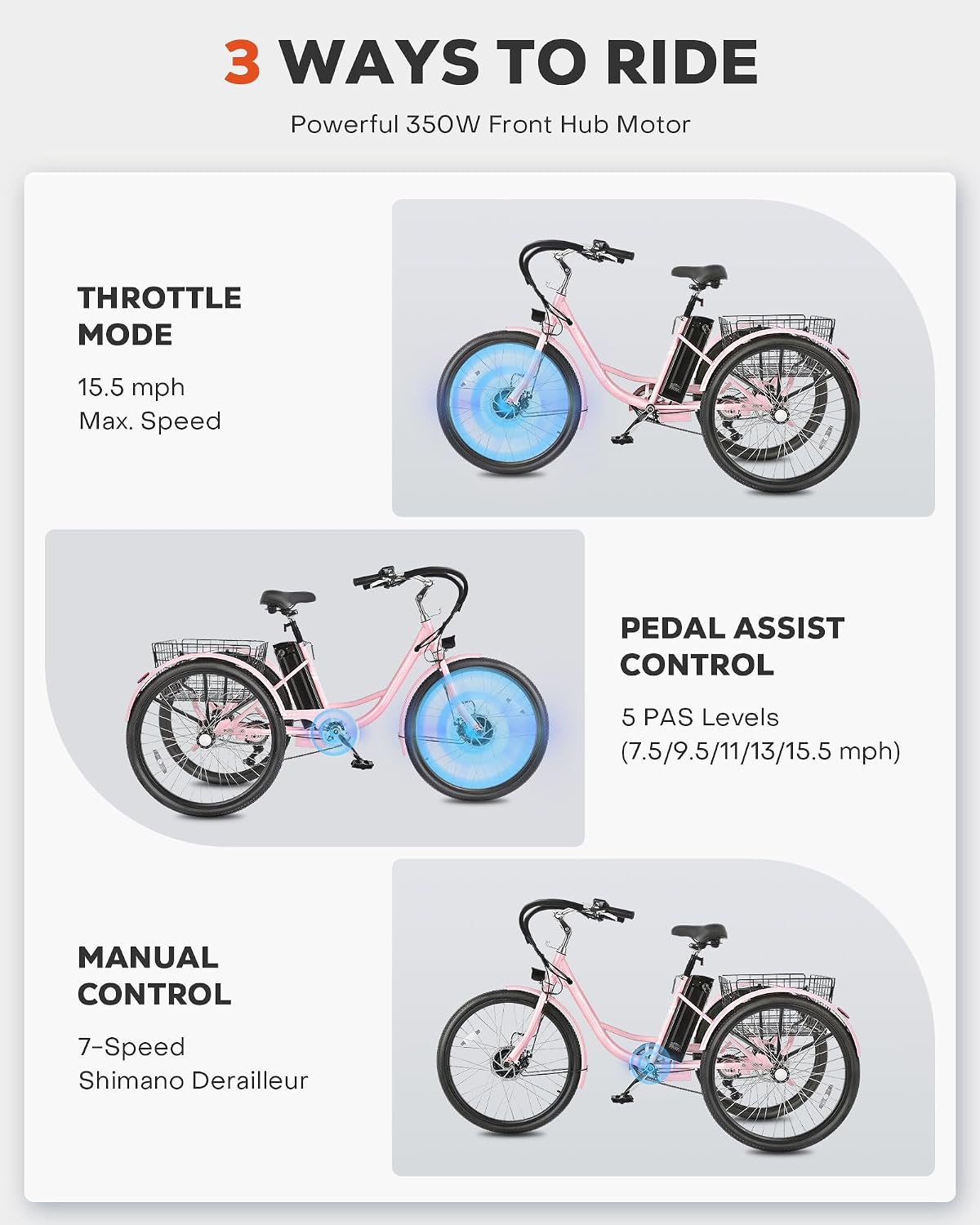 VIRIBUS Electric Tricycle for Adults, 24 26 inch Electric Trike with 468Wh Removable Battery, 250W/350W(Peak 500W) 3 Wheel Electric Bikes for Seniors, Motorized Adult Tricycles Women Men 330 lb.