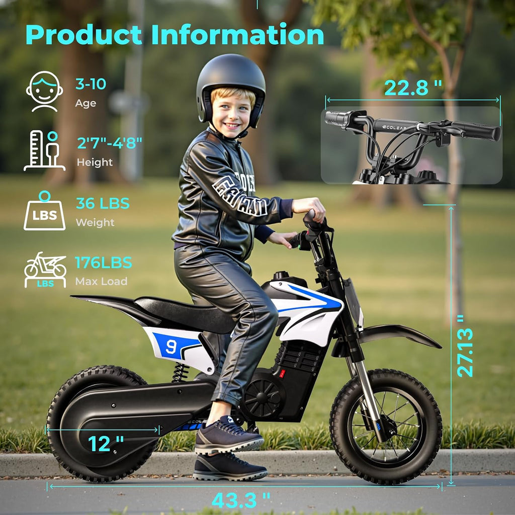 ECOLEAP K1 Kids Electric Dirt Bike 36V Motorcycle, 16MPH Fast Speed 14 Mile Long-Range, 700W Peak 3-Speed Modes Electric Bike for Kids Ages 3-10