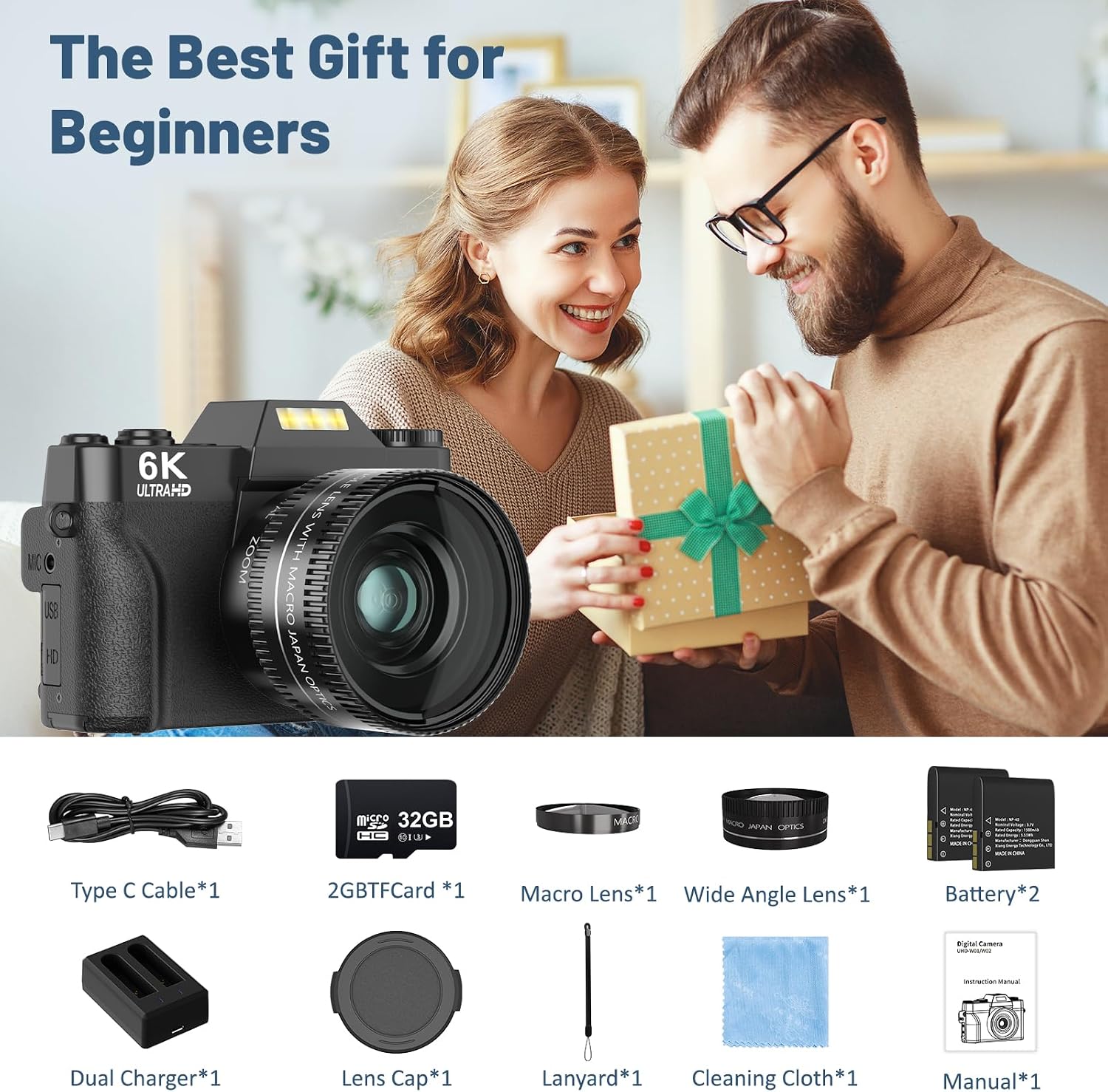 6K Digital Camera for Photography - WiFi 64MP Vlogging Cameras for YouTube with 3' 180° Flip Screen, 16X Digital Zoom Autofocus Vlog Travel Camara with 32GB SD Card, 2 Batteries and Double Charger