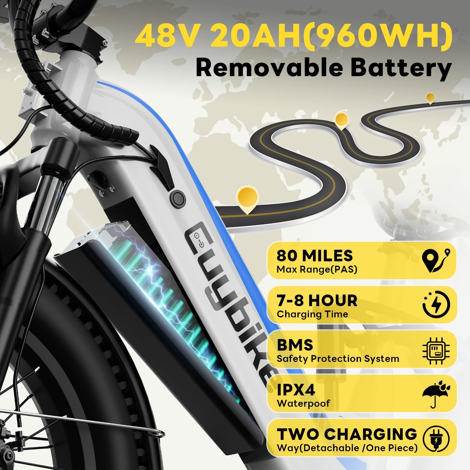 EUYBIKE Electric Bike for Adults 1400W Peak, 48V 20AH(960WH) Removable Battery, 20'x4' Fat Tire Full Suspension 80 Miles Range Step-Thru Hunting Ebike, 7-Speed Dual Brakes Electric Bicycle