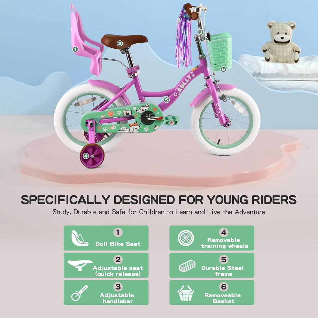 RULLY 12 14 16 Inch Girls Bike with Doll Seat Basket and Training Wheels for 2-6 Years Children
