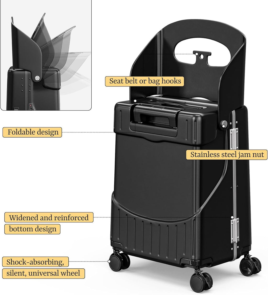 Hardshell Carry On Suitcase with Child Seat, Black Travel Luggage with Front Compartment & 4 Lockable Spinner Wheels, TSA Lock, USB Port, Luggage Cover, Safty Seatbelt (Front-Opening Black, 20 Inch)