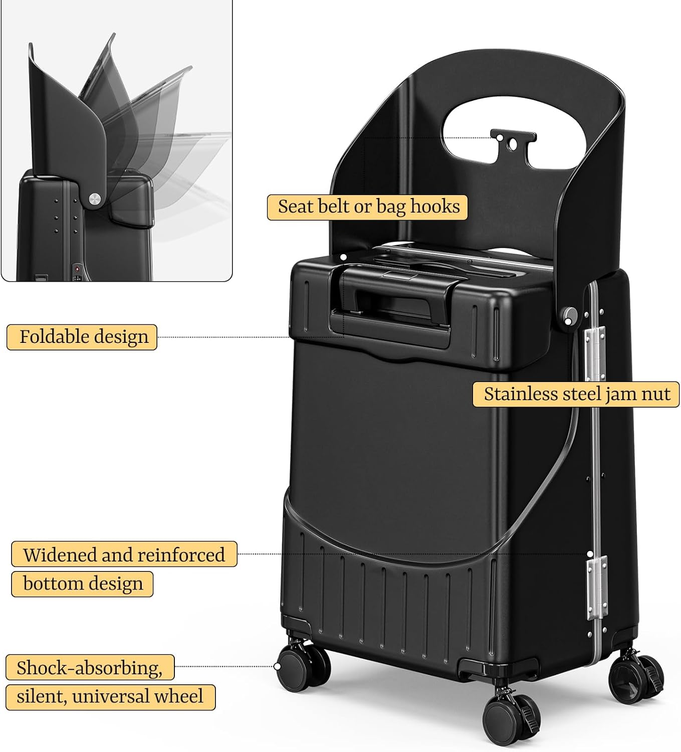 Hardshell Carry On Suitcase with Child Seat, Black Travel Luggage with Front Compartment & 4 Lockable Spinner Wheels, TSA Lock, USB Port, Luggage Cover, Safty Seatbelt (Front-Opening Black, 20 Inch)