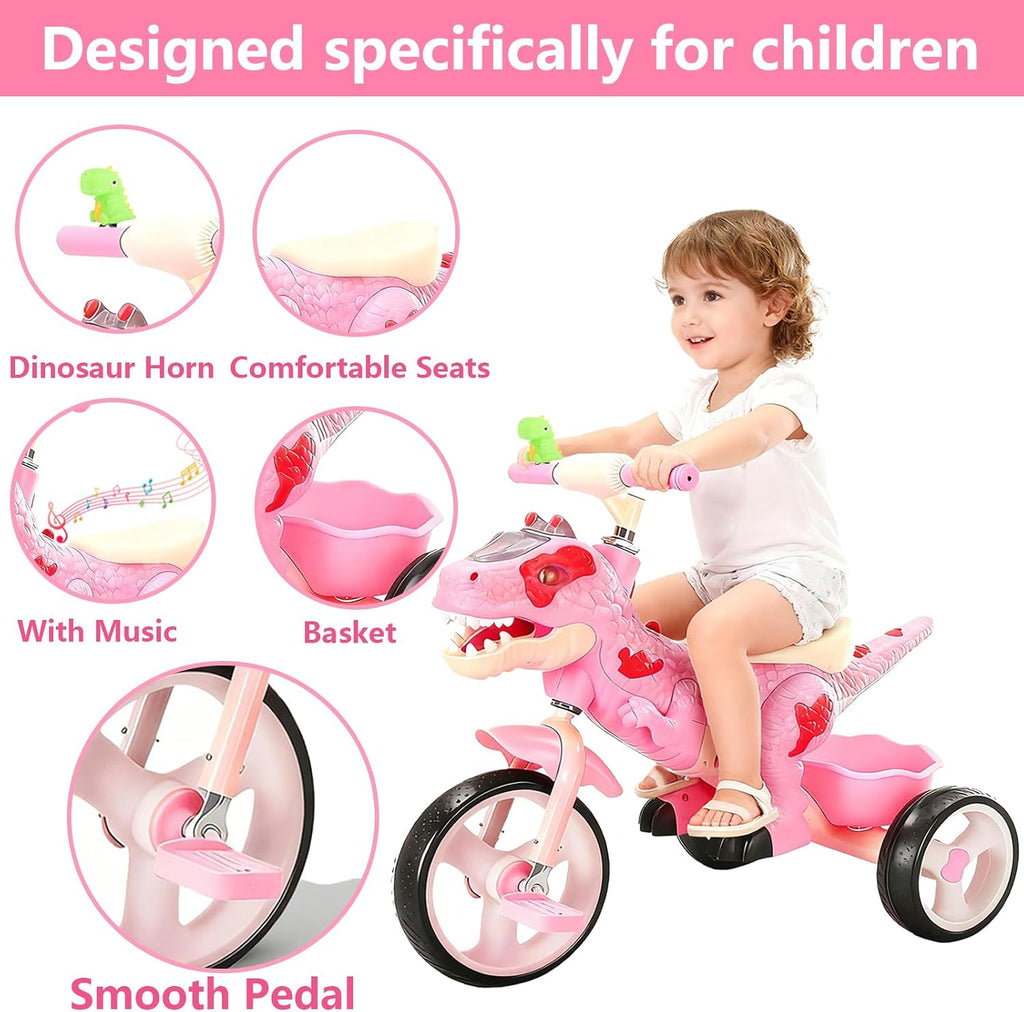 NMM Dinosaur Tricycle for Toddlers, Kids Trike with Music, LED, Tricycles for 3-5 Year Olds, for Rider, Big Wheel, Storage Basket, Horn, Toddler Bike for Boy, Dinosaur Toys for Kids 2-4 4-7