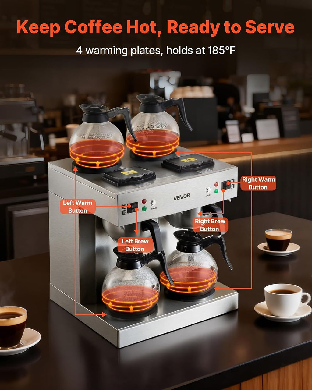 VEVOR Commercial Drip Coffee Maker, 24 Cups Coffee-Maker Machine with 4 Glass Carafes and 4 Decanter Warmer Plates, Stainless Steel Dual-Head Coffee Brewer, for Restaurant, Office, Coffee Shop & Home