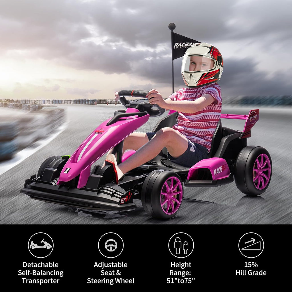 GarveeLife 24V Electric Drift Kart for Kids, Ride Car with Adjustable Seat & 8.5MPH Speed, EVA Silent Wheels, Parent-Safety Certified Ride-On Toy