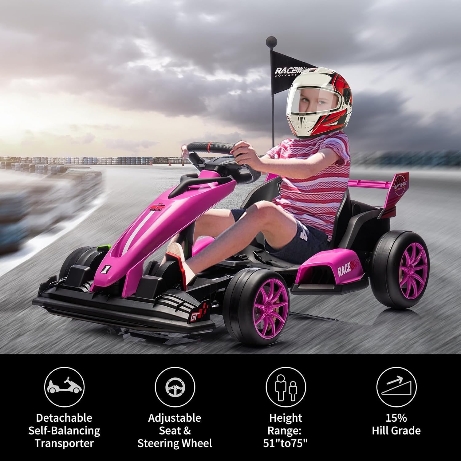 GarveeLife 24V Electric Drift Kart for Kids, Ride Car with Adjustable Seat & 8.5MPH Speed, EVA Silent Wheels, Parent-Safety Certified Ride-On Toy