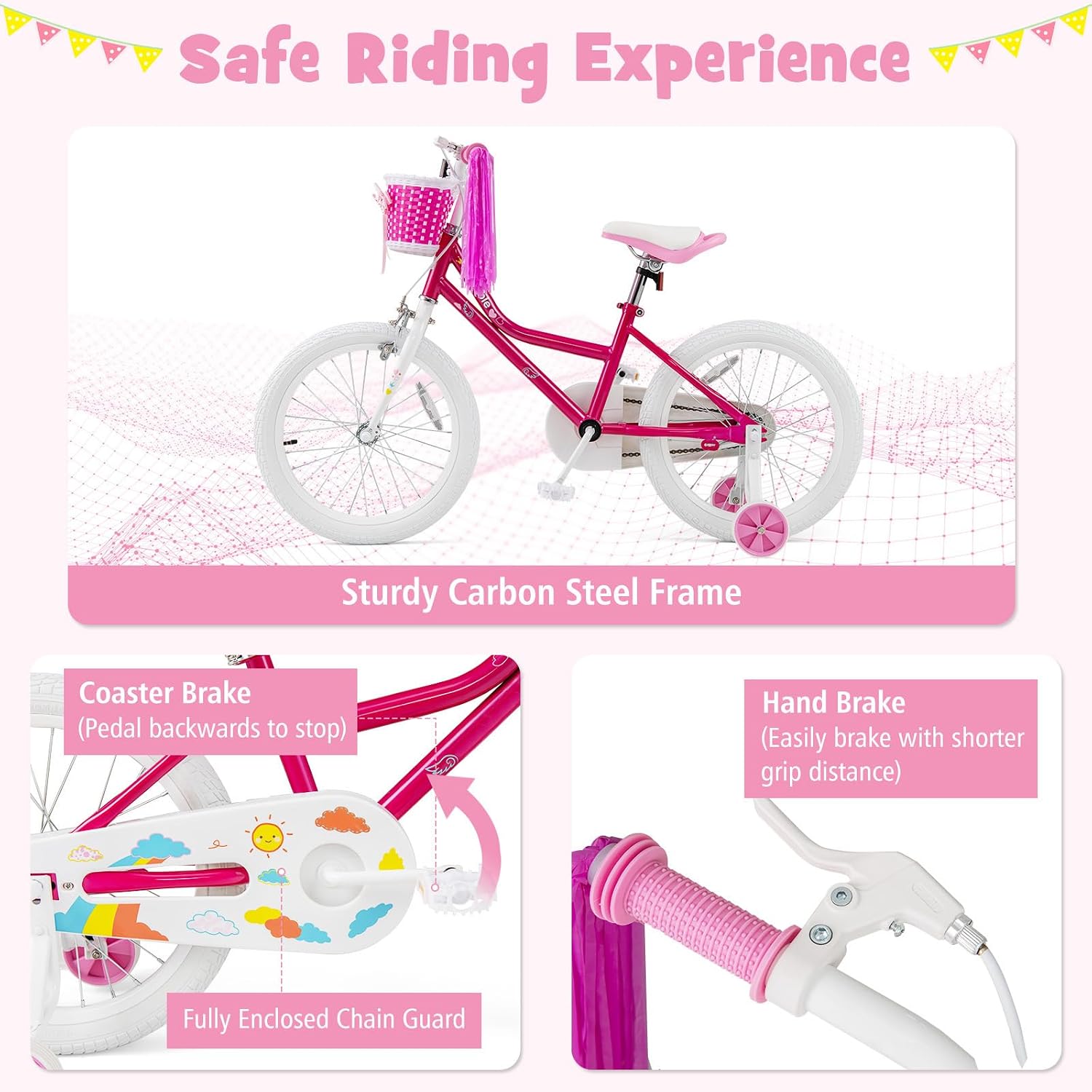 BABY JOY Girls Bike, 12' 14' 16' 18' Kids Bike for 3-8 Years Old with Training Wheels, Adjustable Seat & Handlebar, Handbrake & Coaster Brake, Children Bicycle