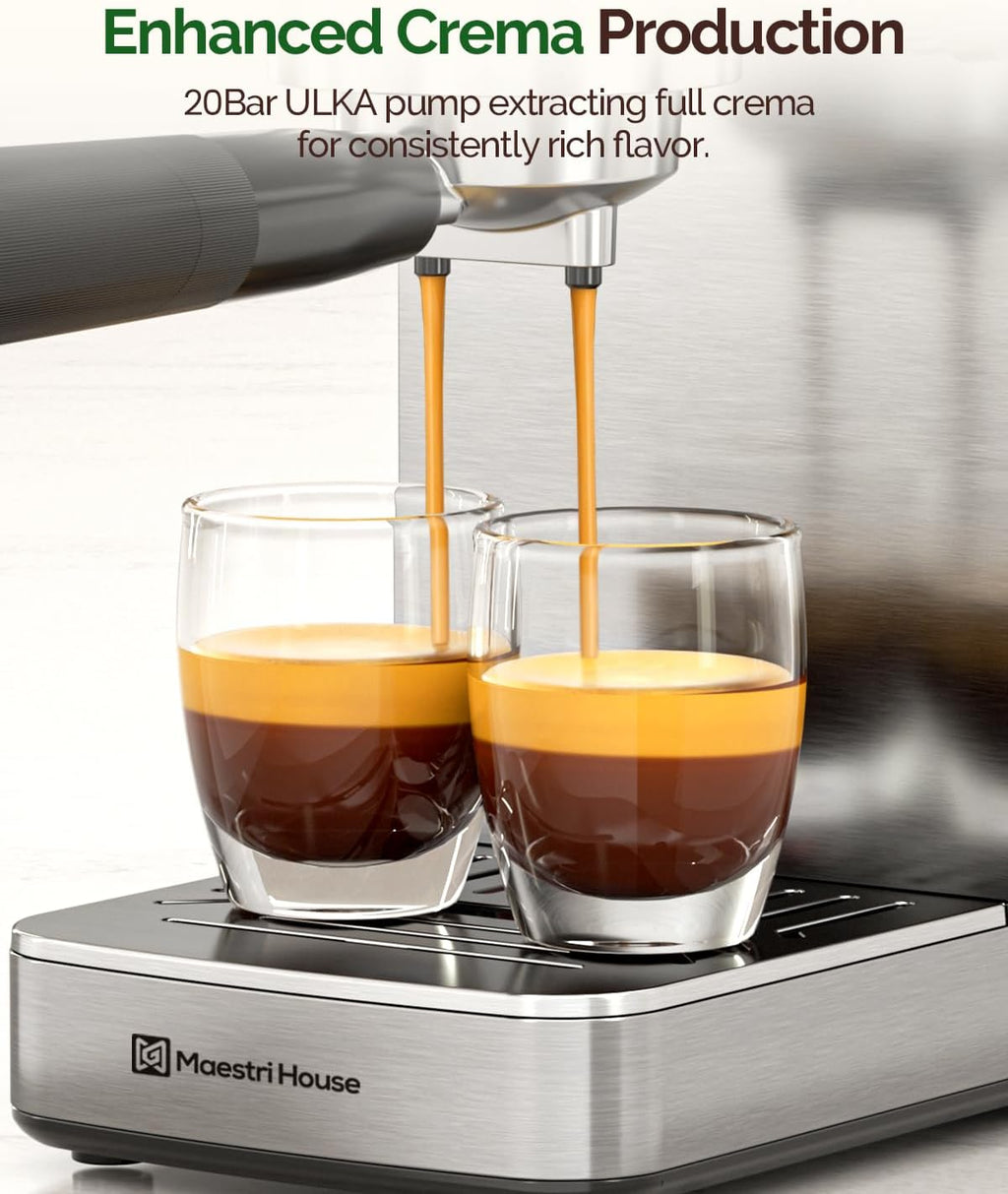 Maestri House Espresso Machines 20 Bar ULKA Pump, Compact Espresso Maker Built-in Flow Meter Steam Milk Frother, 43oz Removable Water Tank Stainless Steel Coffee Machine for Cappuccino (Sliver)