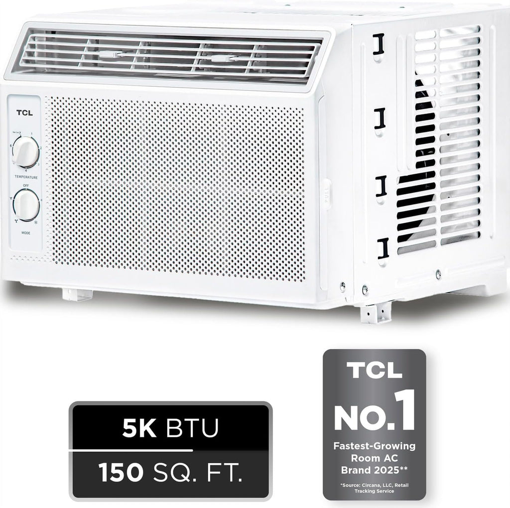 TCL 5000 BTU Window Air Conditioner, Compact Energy Efficient AC Unit with Fan & Reusable Filter for Bedroom, Living Room, Garage, Other Rooms Up To 150 Sq. Ft.