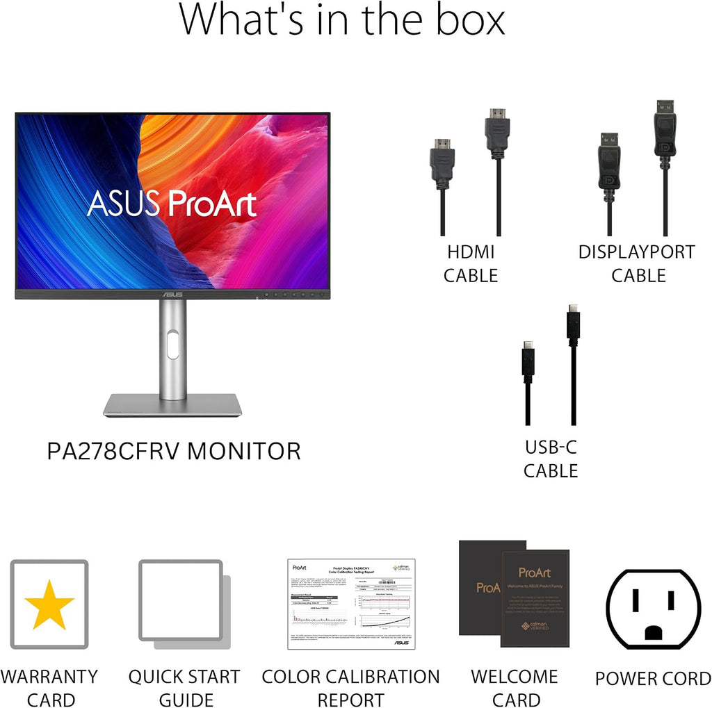 ASUS ProArt Display 27' 1440P Professional Monitor (PA278CFRV) - IPS, QHD (2560 x 1440), Pre-Calibrated, 95% DCI-P3, Daisy-chain, 100Hz, LuxPixel AGLR, Calman Verified, USB-C 96W, HDR400, 3yr warranty