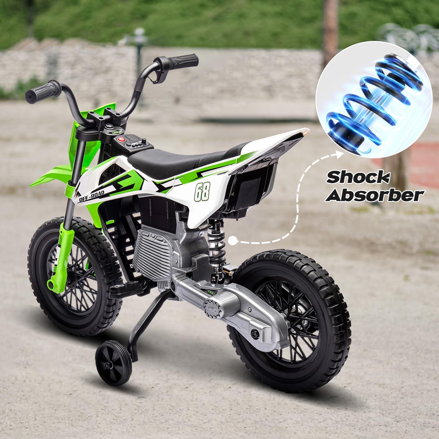 12V Kids Motorcycle w/Treaded Tires, 3.1mph Top Speed, Kids Motorcycle w/Training Wheels, Music, Spring Suspension, Ideal for Toddlers 3-6 Years Old, Green