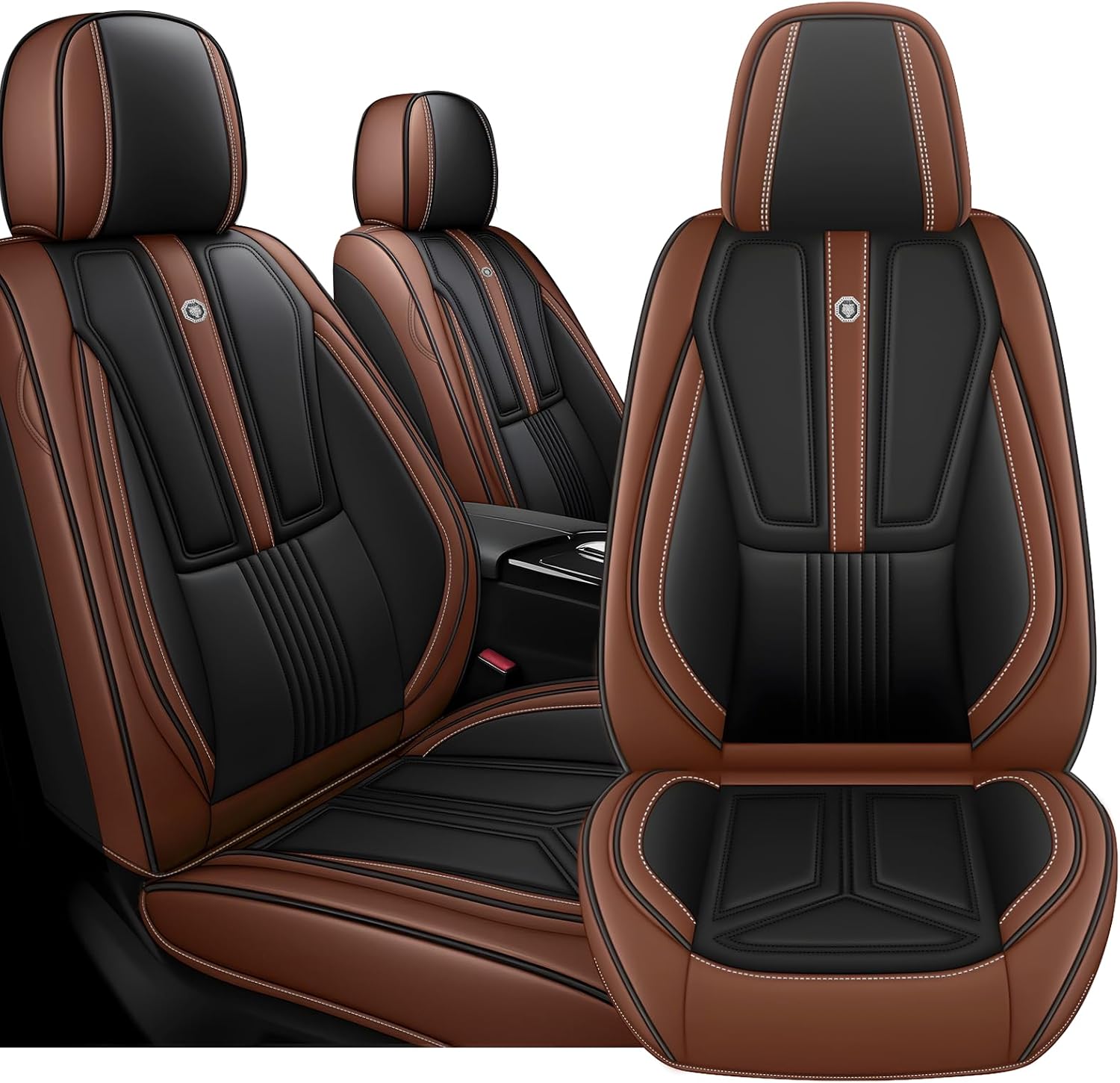 Arazi Front Seat Covers for Toyota Prius 2001-2025, Nappa Leather Seat Cover Full Coverage Waterproof Car Seat Protector (Black&Brown,2 Seats Standard)