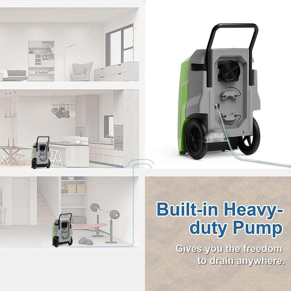 ALORAIR 180Pints LGR Industrial Dehumidifier with Pump and Drain Hose, Portable Commercial Dehumidifier with Wheels for Home, Basements, Garages, and Job Sites, Green