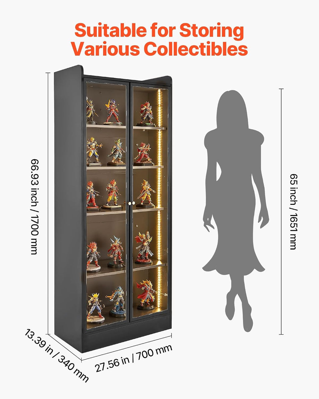 VEVOR Display Cabinet with Doors, 67in Tall Display Case with 2 Adjustable Shelves, 3 LED Lights, 5-Tier Curio Collectibles Storage Cabinet, Bookshelf Bookcase for Pantry Bedroom Living Room Office