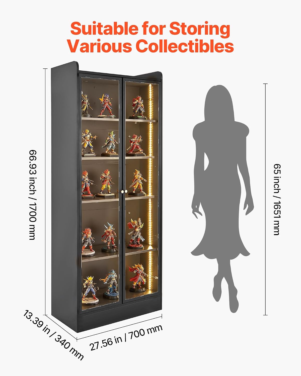 VEVOR Display Cabinet with Doors, 67in Tall Display Case with 2 Adjustable Shelves, 3 LED Lights, 5-Tier Curio Collectibles Storage Cabinet, Bookshelf Bookcase for Pantry Bedroom Living Room Office
