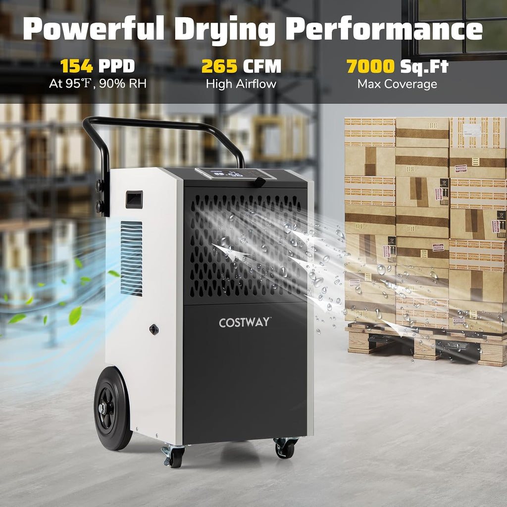 COSTWAY 154 Pints Commercial Dehumidifier with Pump, Portable Industrial Heavy Duty Large Dehumidifier with Drain Hoses for Basements, Job Sites (White)