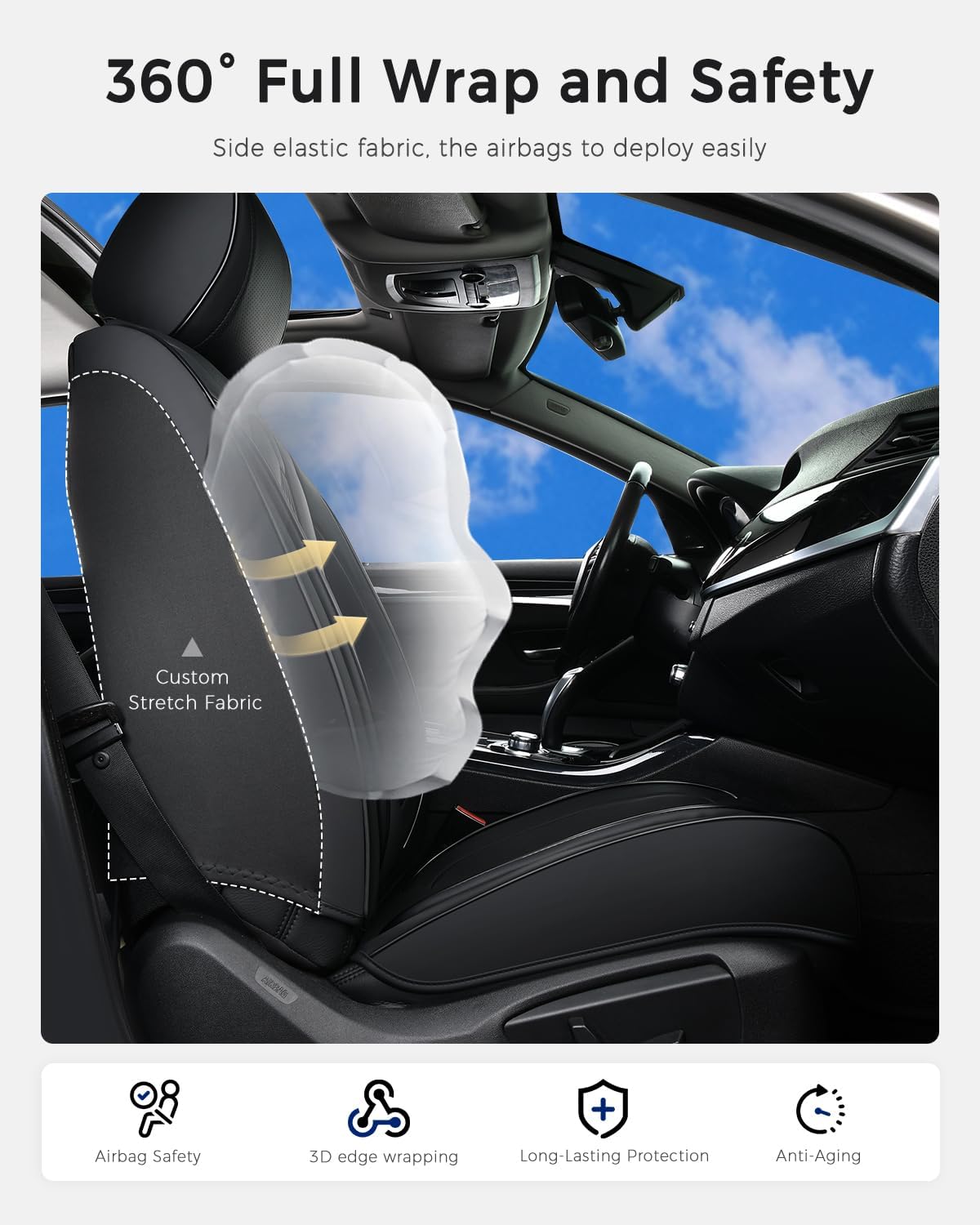 Huidasource Black Front Seat Cover, Nappa Leather Front Car Seat Cover with Lumbar Support, Ventilation Holes, Elastic Fabric, Airbag, Full-Coverage Seat Covers, Fit for Most Cars SUV Trucks, Black