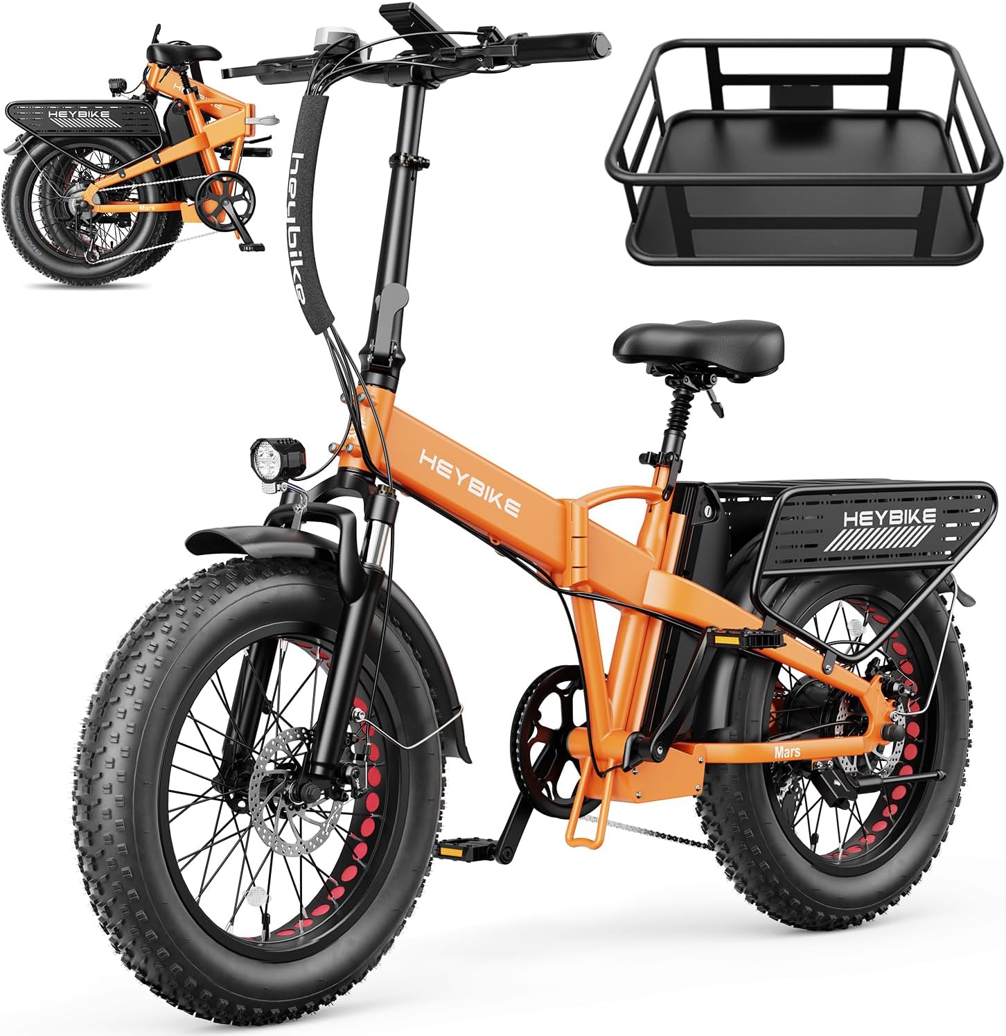 Heybike Mars 2.0/3.0 Foldable Electric Bike, UL2849 Certified, 70+Miles Long Range, 1400W/1800W Peak Motor 32MPH, 624WH Removable Battery, 20'*4 Fat Tire Ebike for Snow, Commute, Full Suspension