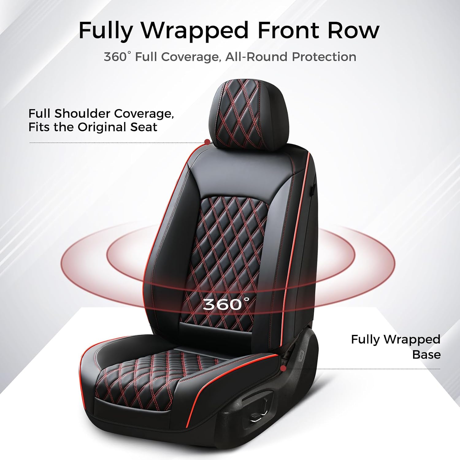 Huidasource Front Seat Covers, Full-Cover Leather Driver Seat Cover, Side Stretch Fabric, Car Interior Front Seat Cover Universal Fit for Most Cars, Most Cars,Vans,Trucks, SUVs (Front Pair/Black&Red)