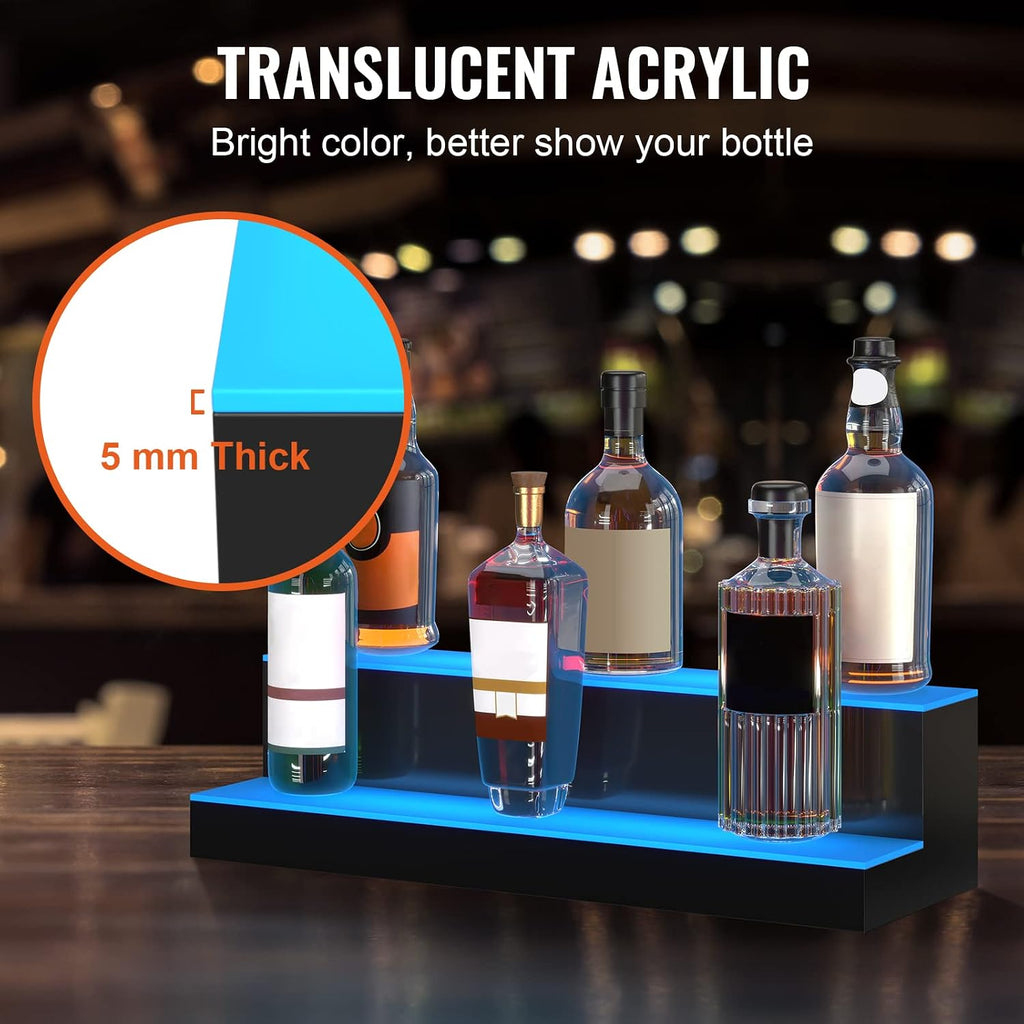 VEVOR LED Lighted Liquor Bottle Display, 2 Tiers 24 Inches, Supports USB, Illuminated Home Bar Shelf with RF Remote & App Control 7 Static Colors 1-4 H Timing, Acrylic Lighted Shelf for 12 Bottles