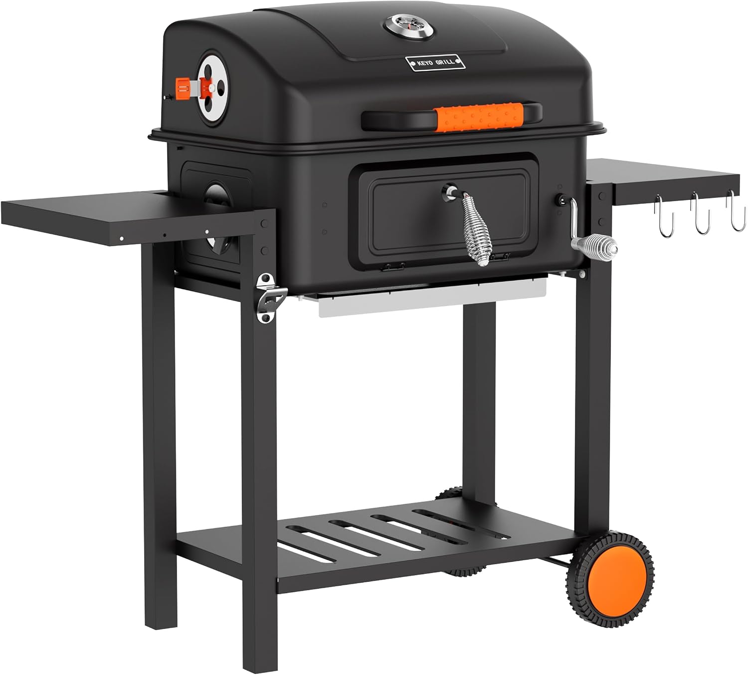 KEYO GRILL 24-Inch Barrel Charcoal Grill, Dual Venting System Outdoor BBQ Grill with Height Adjustable Charcoal Pan, Foldable Side Tables Outdoor Large Barbecue Grills for Backyard and Camping.